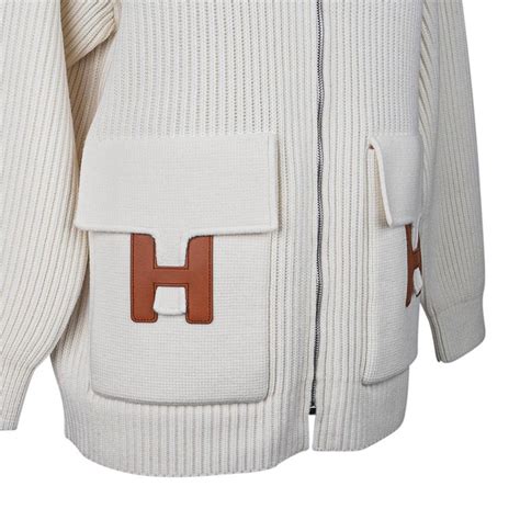 hermes cardigan zip winter white sweater brown leather h|hermes long cardigan sweater.